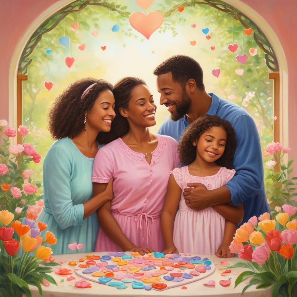 A warm family gathering scene, featuring diverse family members sharing a joyful moment, surrounded by symbols of love - hearts, embracing figures, and soft pastel colors. Soft lighting to create an inviting atmosphere, with elements of nature like a blooming garden in the background to symbolize growth. Emphasize genuine smiles and connections, highlighting the theme of support and nurturing. painting. vibrant colors.
