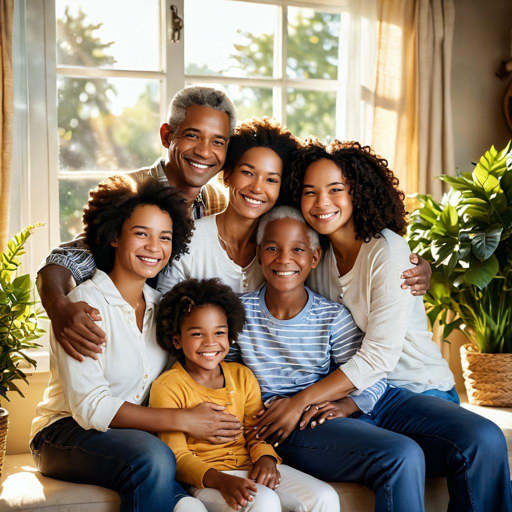A warm, cozy family scene depicting diverse family members of different ages and ethnicities engaged in a joyful group hug, surrounded by bright sunlight streaming in through a window. Include elements of a homey environment like family photos, plants, and soft furnishings, symbolizing unity and support. Emphasize smiles and emotional connection to represent strength in togetherness. super-realistic. vibrant colors. natural lighting.